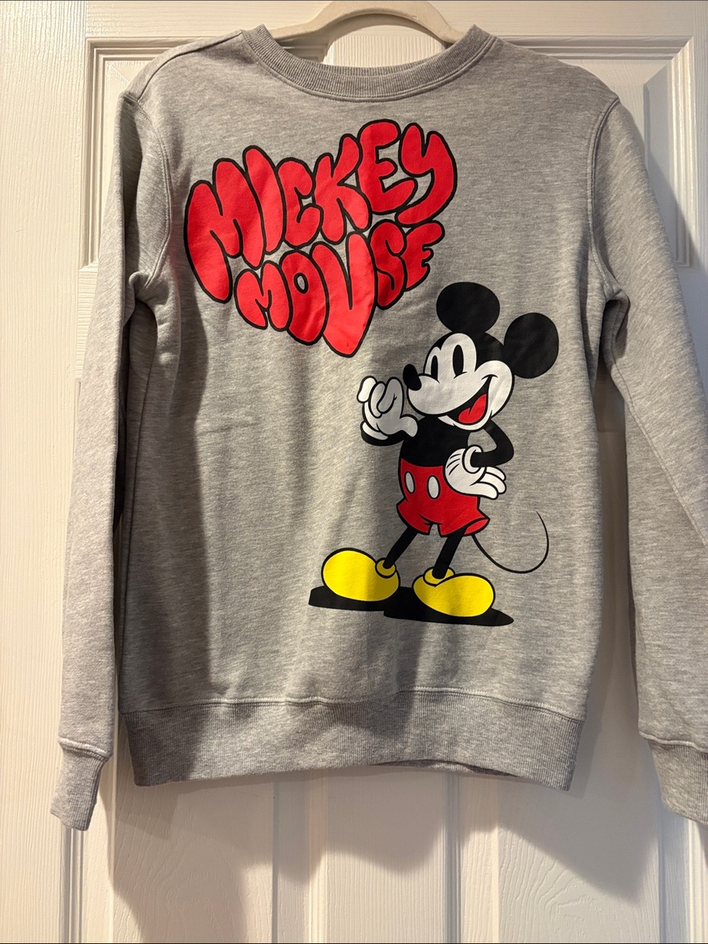 Disney Grey Crewneck Sweatshirt with Red Mickey Graphic and Yellow Shoes
